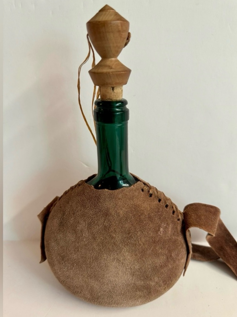 Vintage 60s Leather Round Glass Flask with Hand Carved Wooden Stopper